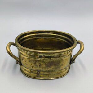 Vintage Small Brass Planter with Handles Oval Ribbed Design with Heavy Patina 4"
